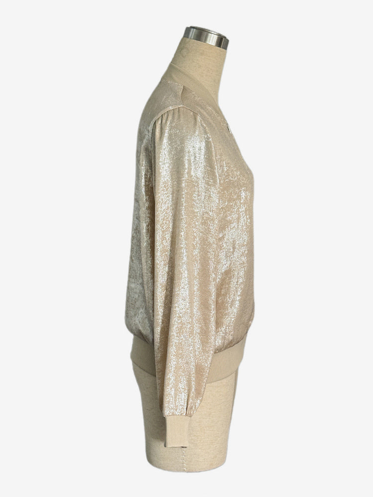 Champagne Gold Women's Bomber Jacket - Zip Up Ribbed Trim Slim Fit - Metallic Spring Party Outerwear 2026