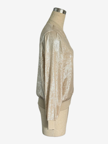 Champagne Gold Women's Bomber Jacket - Zip Up Ribbed Trim Slim Fit - Metallic Spring Party Outerwear 2026