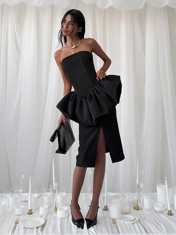 Elegant Women's 2 Piece Set - Vintage Peplum Tube Top & Side Slit Midi Skirt - Chic Summer Party Wear 2026