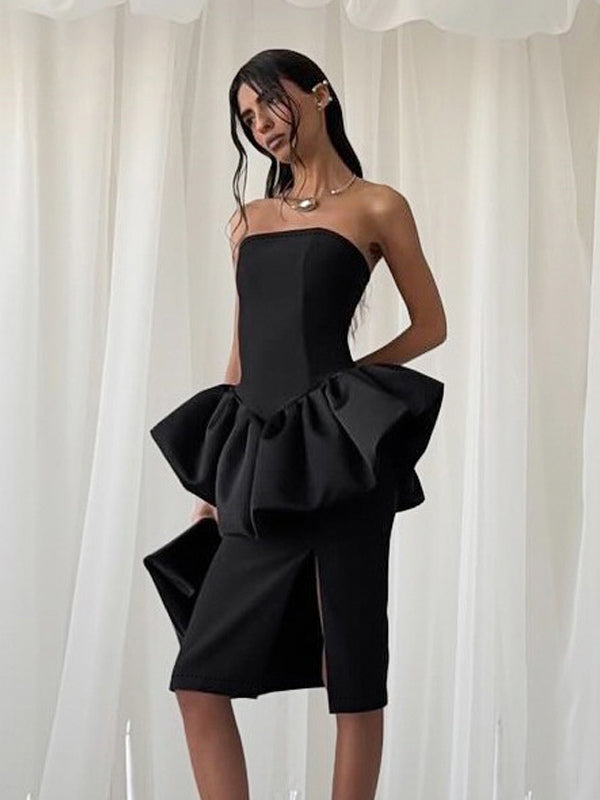 Elegant Women's 2 Piece Set - Vintage Peplum Tube Top & Side Slit Midi Skirt - Chic Summer Party Wear 2026