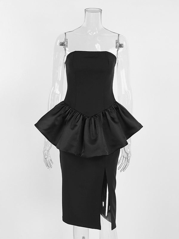 Elegant Women's 2 Piece Set - Vintage Peplum Tube Top & Side Slit Midi Skirt - Chic Summer Party Wear 2026