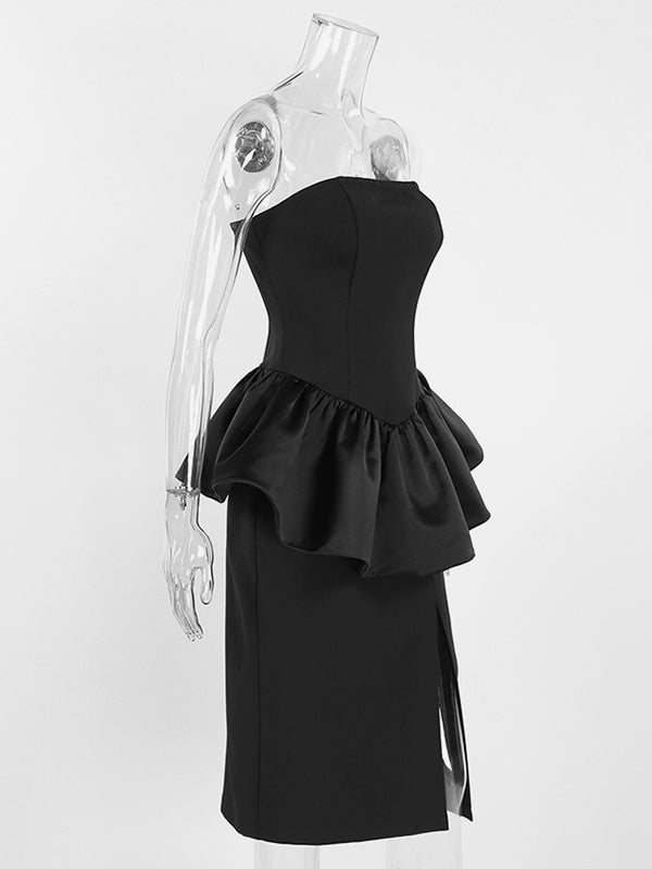 Elegant Women's 2 Piece Set - Vintage Peplum Tube Top & Side Slit Midi Skirt - Chic Summer Party Wear 2026