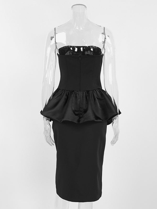 Elegant Women's 2 Piece Set - Vintage Peplum Tube Top & Side Slit Midi Skirt - Chic Summer Party Wear 2026