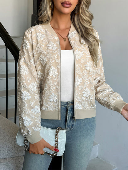 Floral Jacquard Women's Bomber Jacket - Elegant 3D Embossed Flower Zip Up Slim Fit - Chic Spring Streetwear 2026