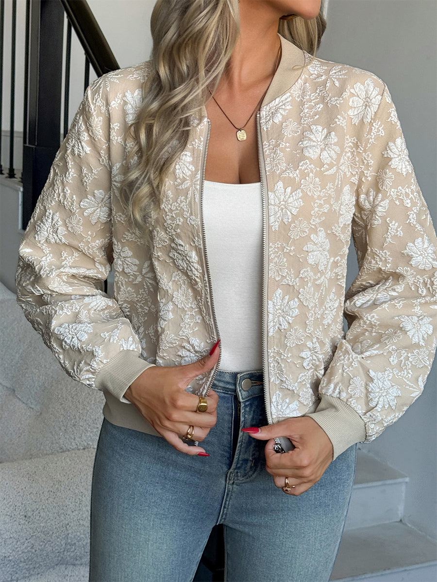Floral Jacquard Women's Bomber Jacket - Elegant 3D Embossed Flower Zip Up Slim Fit - Chic Spring Streetwear 2026
