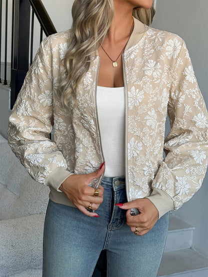 Floral Jacquard Women's Bomber Jacket - Elegant 3D Embossed Flower Zip Up Slim Fit - Chic Spring Streetwear 2026