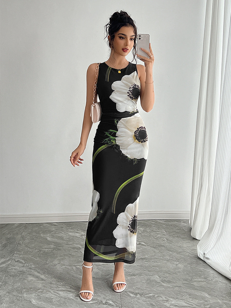 Floral Print Women Maxi Dress - Elegant Ruched Bodycon - 90s Vintage Aesthetic Summer Daily Wear 2026