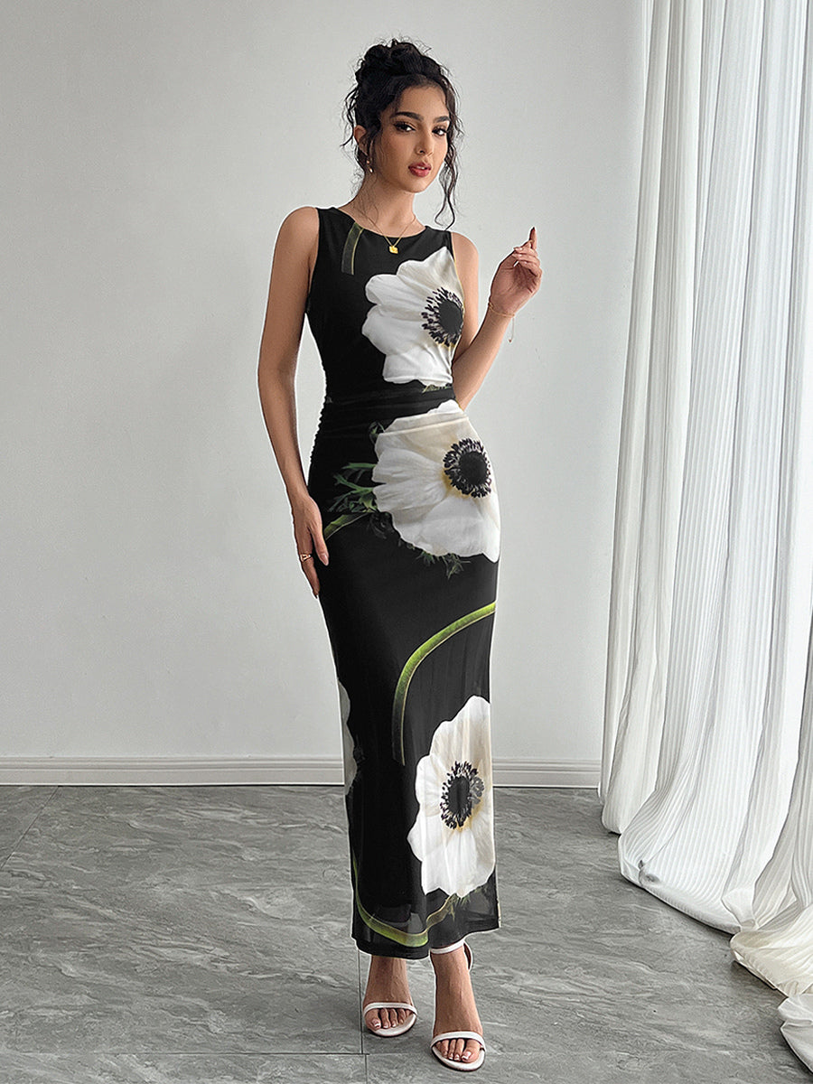 Floral Print Women Maxi Dress - Elegant Ruched Bodycon - 90s Vintage Aesthetic Summer Daily Wear 2026