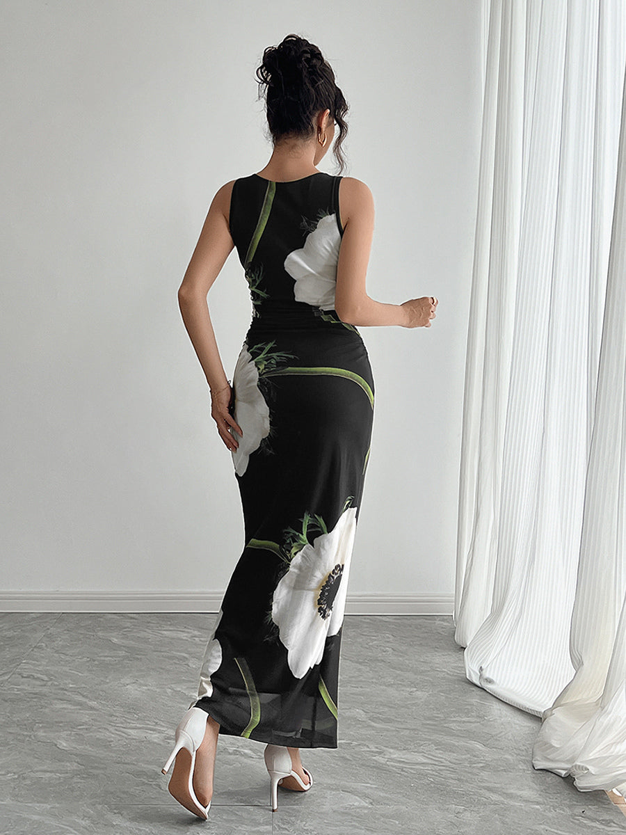 Floral Print Women Maxi Dress - Elegant Ruched Bodycon - 90s Vintage Aesthetic Summer Daily Wear 2026