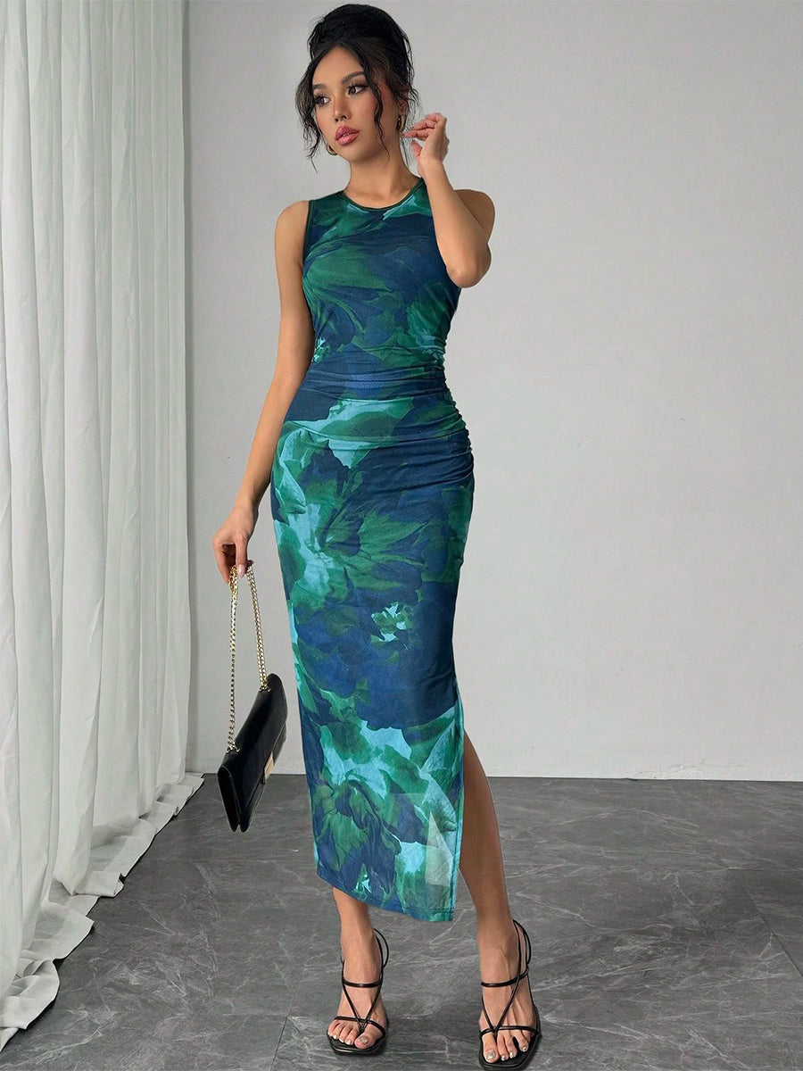 Green Floral Mesh Women Midi Dress - Elegant Ruched Sleeveless Side Slit - Vintage Aesthetic Summer Wedding Guest Dress 2026