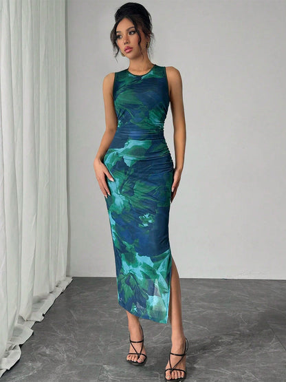Green Floral Mesh Women Midi Dress - Elegant Ruched Sleeveless Side Slit - Vintage Aesthetic Summer Wedding Guest Dress 2026