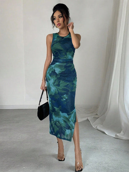 Green Floral Mesh Women Midi Dress - Elegant Ruched Sleeveless Side Slit - Vintage Aesthetic Summer Wedding Guest Dress 2026