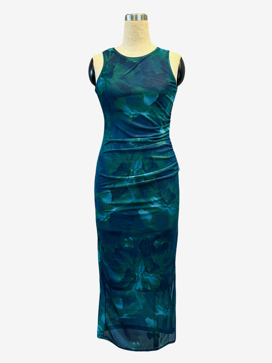 Green Floral Mesh Women Midi Dress - Elegant Ruched Sleeveless Side Slit - Vintage Aesthetic Summer Wedding Guest Dress 2026