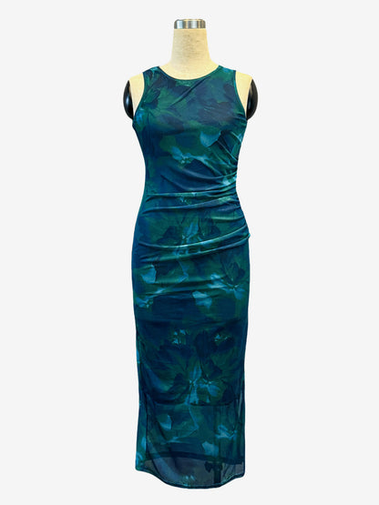 Green Floral Mesh Women Midi Dress - Elegant Ruched Sleeveless Side Slit - Vintage Aesthetic Summer Wedding Guest Dress 2026