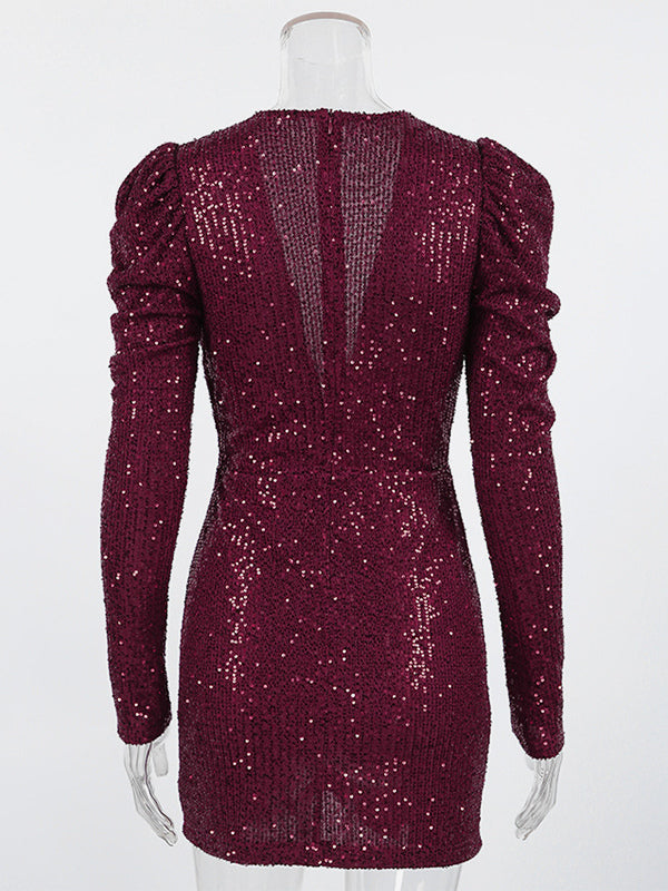 Sparkly Sequin Mini Dress For Women - Sexy Deep V Neck Long Sleeve Ruched Bodycon - Spring Cocktail Party Clubwear 2026