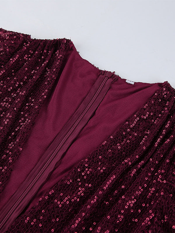 Sparkly Sequin Mini Dress For Women - Sexy Deep V Neck Long Sleeve Ruched Bodycon - Spring Cocktail Party Clubwear 2026