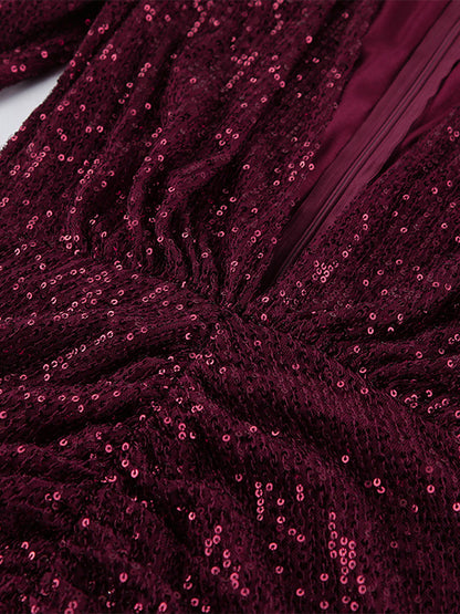 Sparkly Sequin Mini Dress For Women - Sexy Deep V Neck Long Sleeve Ruched Bodycon - Spring Cocktail Party Clubwear 2026