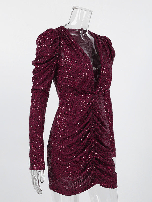 Sparkly Sequin Mini Dress For Women - Sexy Deep V Neck Long Sleeve Ruched Bodycon - Spring Cocktail Party Clubwear 2026