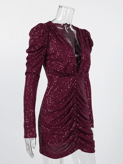 Sparkly Sequin Mini Dress For Women - Sexy Deep V Neck Long Sleeve Ruched Bodycon - Spring Cocktail Party Clubwear 2026