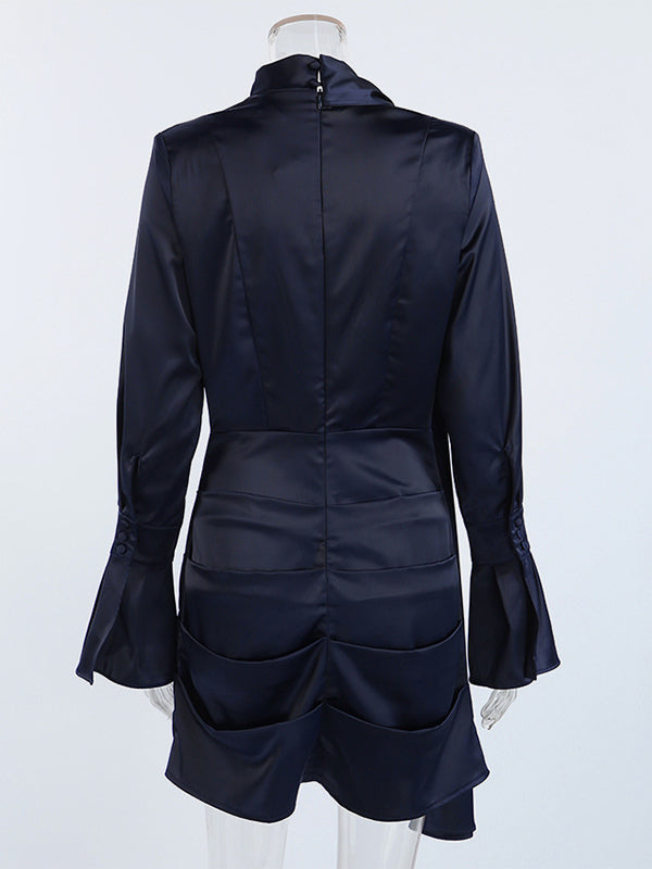 Navy Blue Satin Mini Dress For Women - Elegant Ruched Stand Collar Flare Sleeve - Spring Cocktail Party 2026