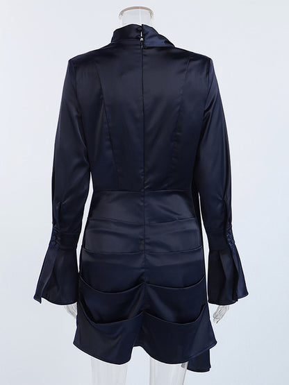 Navy Blue Satin Mini Dress For Women - Elegant Ruched Stand Collar Flare Sleeve - Spring Cocktail Party 2026