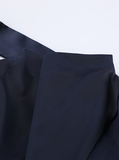 Navy Blue Satin Mini Dress For Women - Elegant Ruched Stand Collar Flare Sleeve - Spring Cocktail Party 2026