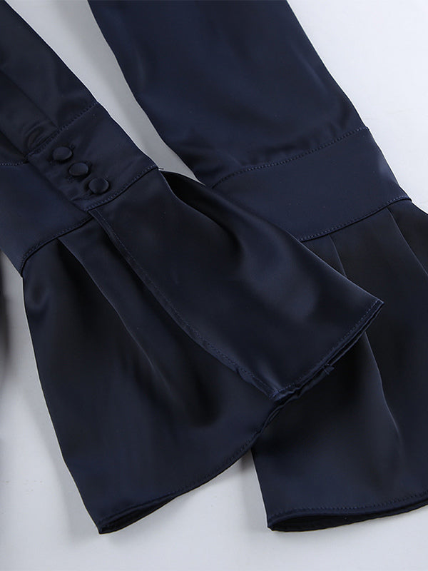 Navy Blue Satin Mini Dress For Women - Elegant Ruched Stand Collar Flare Sleeve - Spring Cocktail Party 2026