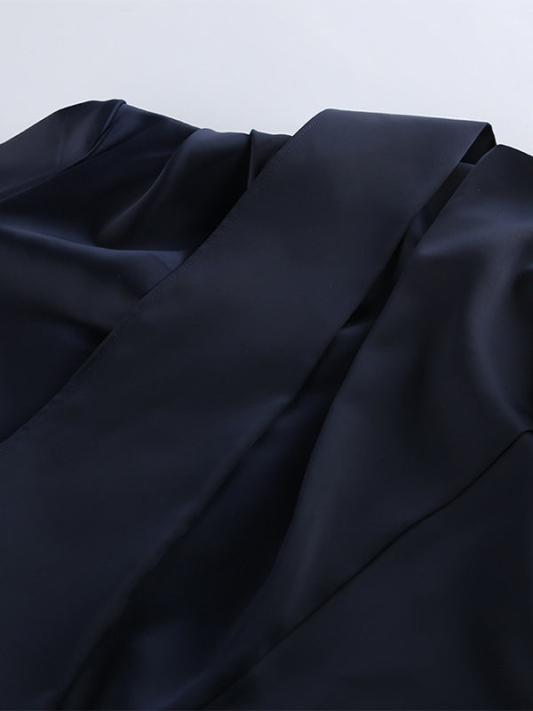 Navy Blue Satin Mini Dress For Women - Elegant Ruched Stand Collar Flare Sleeve - Spring Cocktail Party 2026
