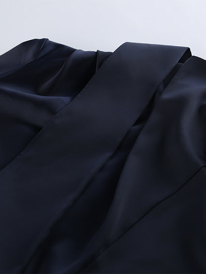 Navy Blue Satin Mini Dress For Women - Elegant Ruched Stand Collar Flare Sleeve - Spring Cocktail Party 2026