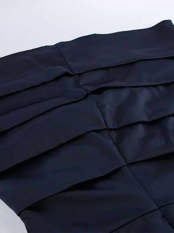 Navy Blue Satin Mini Dress For Women - Elegant Ruched Stand Collar Flare Sleeve - Spring Cocktail Party 2026