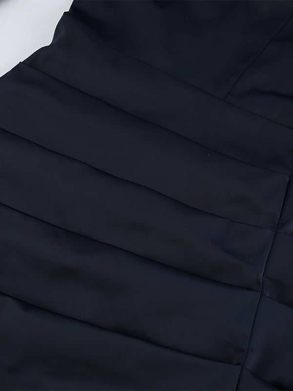 Navy Blue Satin Mini Dress For Women - Elegant Ruched Stand Collar Flare Sleeve - Spring Cocktail Party 2026
