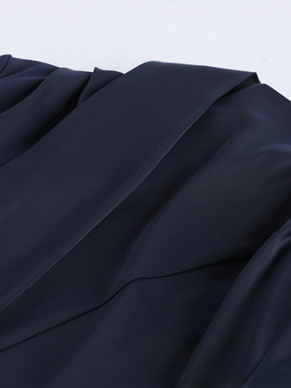 Navy Blue Satin Mini Dress For Women - Elegant Ruched Stand Collar Flare Sleeve - Spring Cocktail Party 2026
