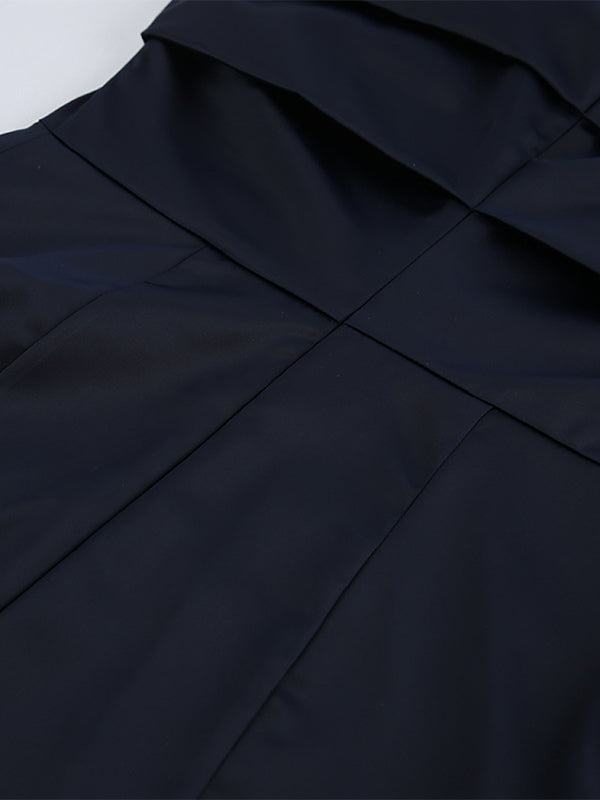 Navy Blue Satin Mini Dress For Women - Elegant Ruched Stand Collar Flare Sleeve - Spring Cocktail Party 2026