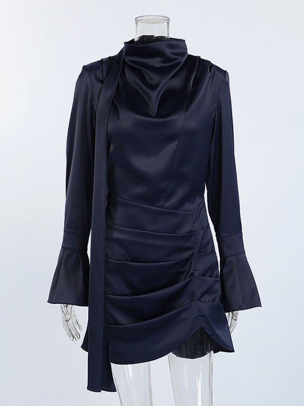 Navy Blue Satin Mini Dress For Women - Elegant Ruched Stand Collar Flare Sleeve - Spring Cocktail Party 2026