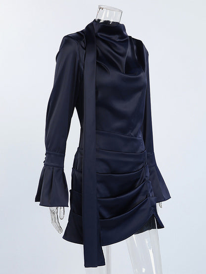Navy Blue Satin Mini Dress For Women - Elegant Ruched Stand Collar Flare Sleeve - Spring Cocktail Party 2026