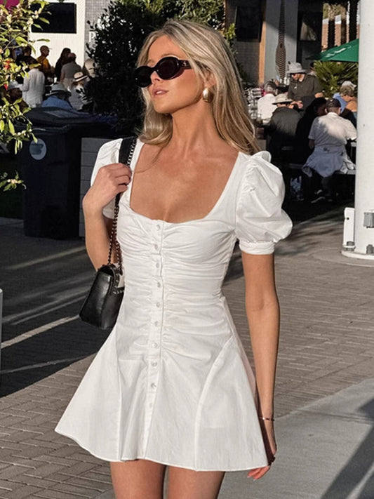 Breathable Cotton Mini Dress Women - White Cottagecore Puff Sleeve Ruched Square Neck - Summer Garden Party Date Night 2026