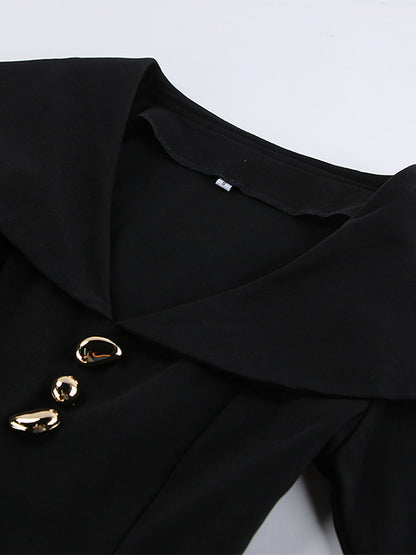 Elegant Two Piece Set Women Trouser Suit - Vintage Large Collar Gold Button Bell Sleeve - Spring Gala Evening Outfit 2026