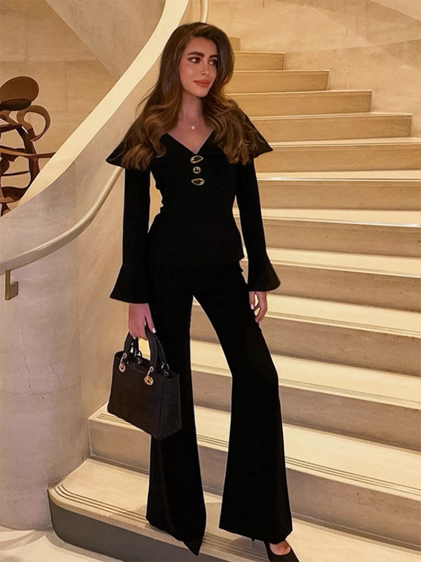 Elegant Two Piece Set Women Trouser Suit - Vintage Large Collar Gold Button Bell Sleeve - Spring Gala Evening Outfit 2026