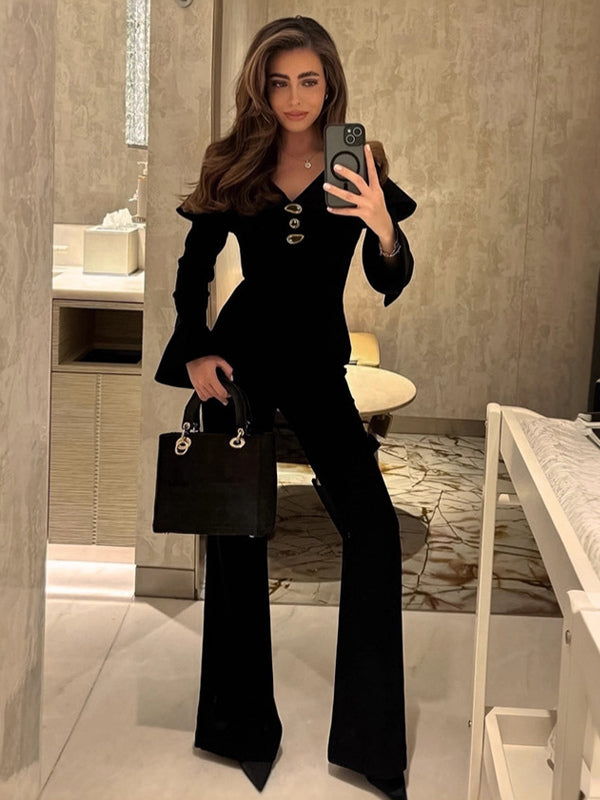 Elegant Two Piece Set Women Trouser Suit - Vintage Large Collar Gold Button Bell Sleeve - Spring Gala Evening Outfit 2026