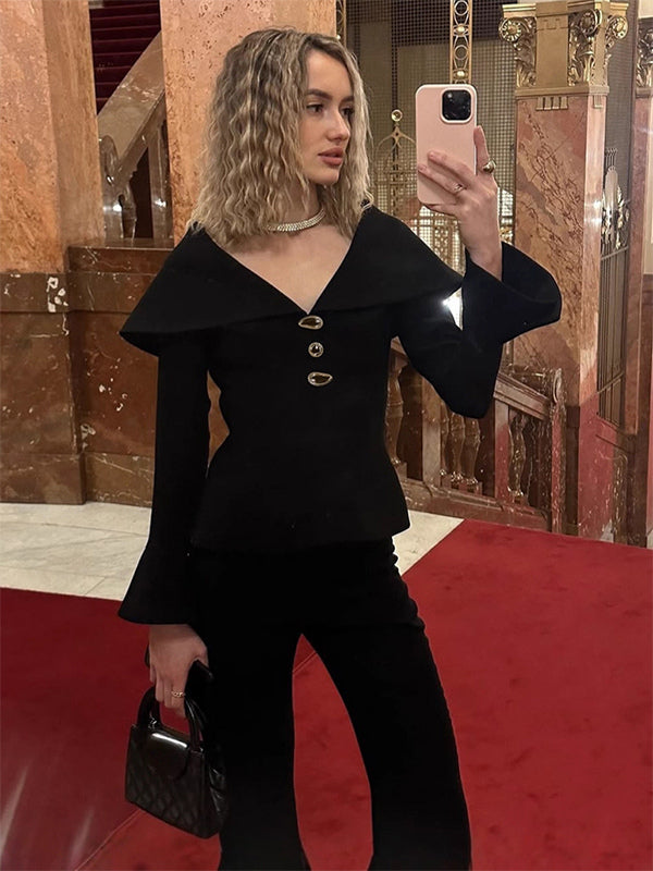 Elegant Two Piece Set Women Trouser Suit - Vintage Large Collar Gold Button Bell Sleeve - Spring Gala Evening Outfit 2026
