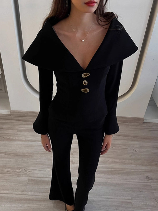 Elegant Two Piece Set Women Trouser Suit - Vintage Large Collar Gold Button Bell Sleeve - Spring Gala Evening Outfit 2026