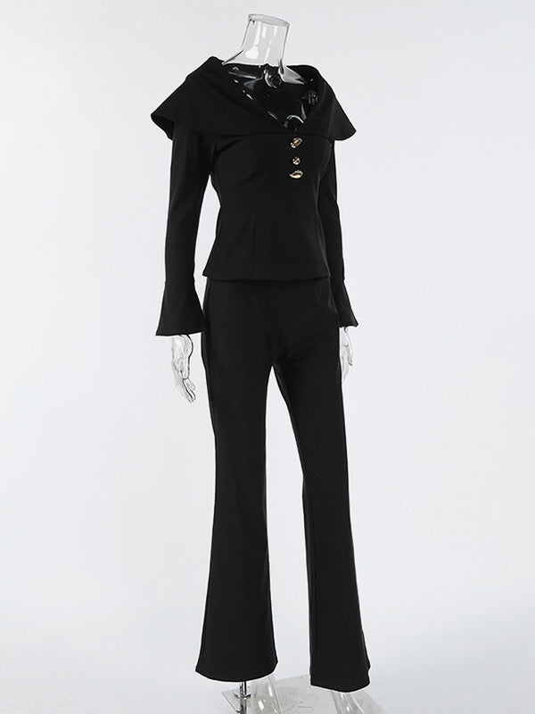Elegant Two Piece Set Women Trouser Suit - Vintage Large Collar Gold Button Bell Sleeve - Spring Gala Evening Outfit 2026