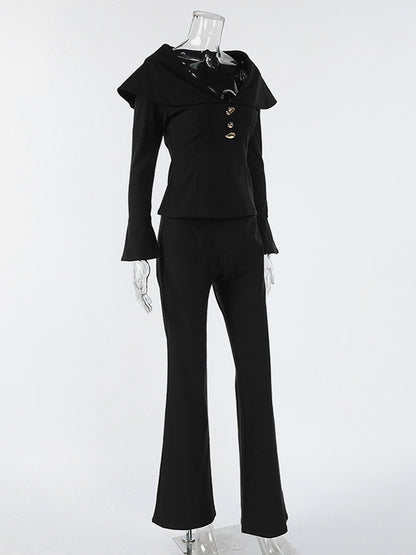 Elegant Two Piece Set Women Trouser Suit - Vintage Large Collar Gold Button Bell Sleeve - Spring Gala Evening Outfit 2026