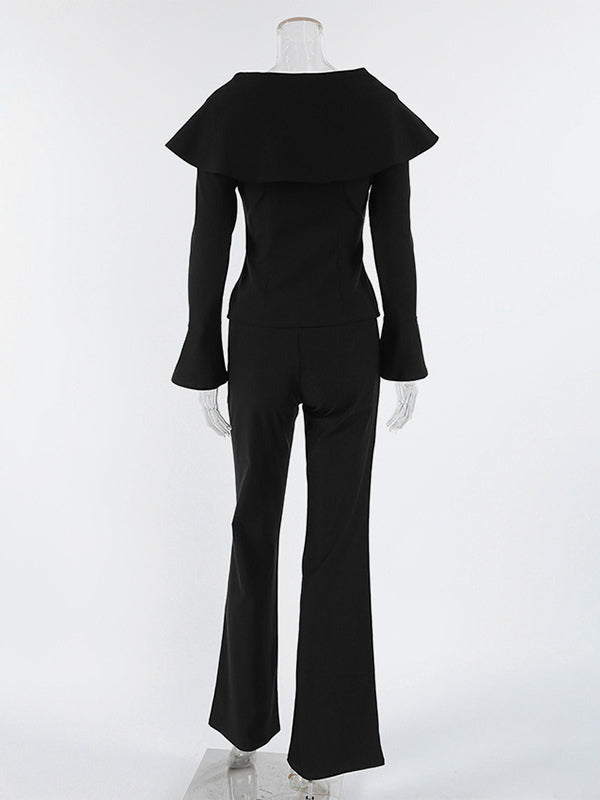 Elegant Two Piece Set Women Trouser Suit - Vintage Large Collar Gold Button Bell Sleeve - Spring Gala Evening Outfit 2026
