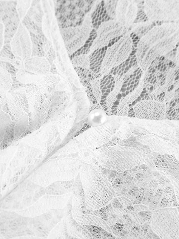 White Floral Lace Women Blouse - Elegant Ruffle Flare Sleeve Sheer Top - Coquette Fairycore Spring Night Out Clubwear 2026
