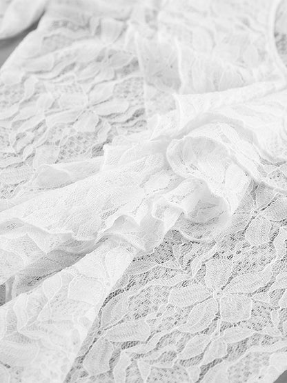 White Floral Lace Women Blouse - Elegant Ruffle Flare Sleeve Sheer Top - Coquette Fairycore Spring Night Out Clubwear 2026