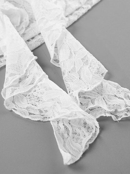 White Floral Lace Women Blouse - Elegant Ruffle Flare Sleeve Sheer Top - Coquette Fairycore Spring Night Out Clubwear 2026