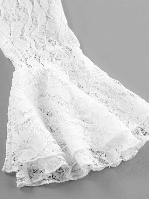 White Floral Lace Women Blouse - Elegant Ruffle Flare Sleeve Sheer Top - Coquette Fairycore Spring Night Out Clubwear 2026
