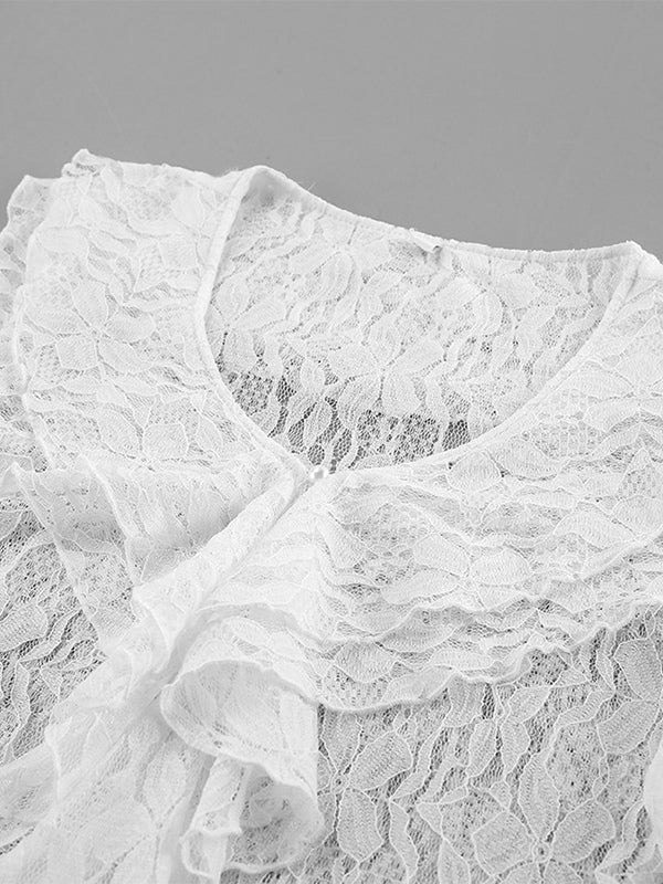 White Floral Lace Women Blouse - Elegant Ruffle Flare Sleeve Sheer Top - Coquette Fairycore Spring Night Out Clubwear 2026