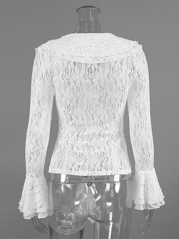 White Floral Lace Women Blouse - Elegant Ruffle Flare Sleeve Sheer Top - Coquette Fairycore Spring Night Out Clubwear 2026